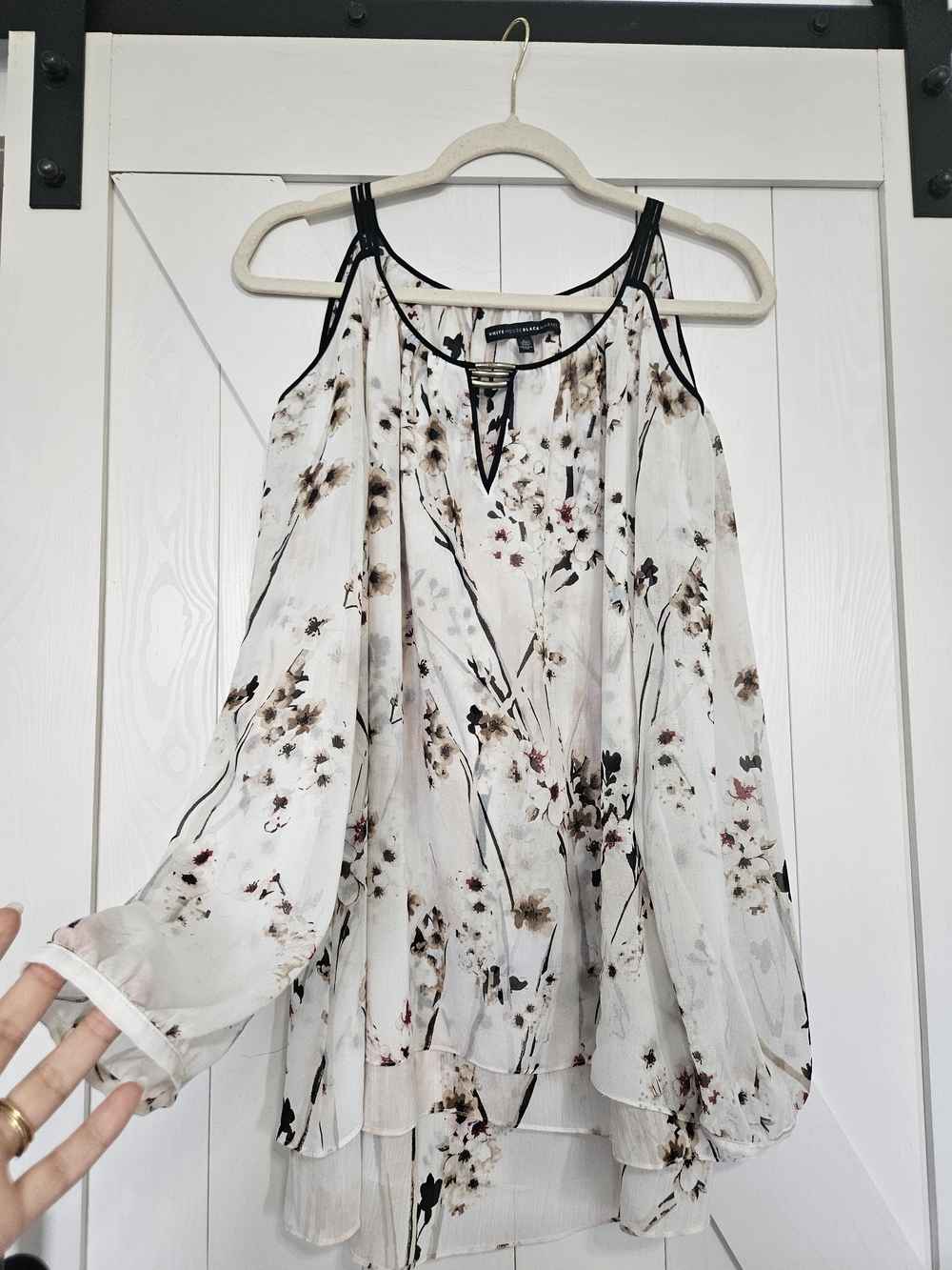 White House Black Market White Floral Cold-Shoulder Tunic with Black Trim